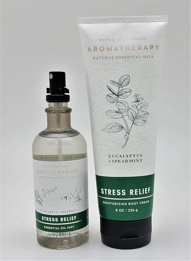 Bath & Body Works - Aromatherapy - Eucalyptus Spearmint – Stress Relief - 2 pc Bundle - Essential Oil Mist- 5.3 fl oz - & Body Cream - 8 oz