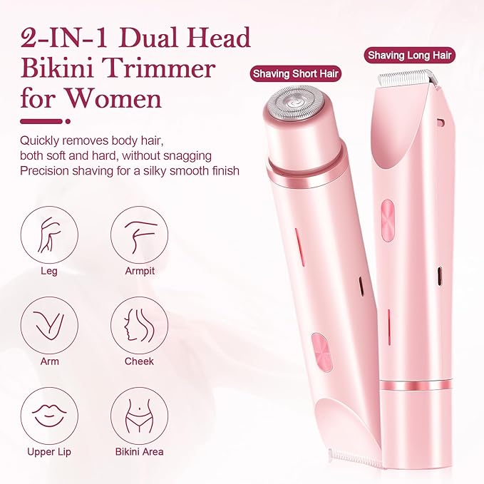Bikini Trimmer for Women, 2-in-1 Dual Head Shaver Women, IPX7 Waterproof Gentle Electric Razors for Sensitive Areas, Cordless Hair Removal for Shower & Travel, Holiday Gift (Pink)