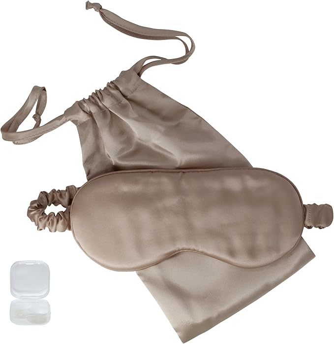 Satavi Naturals Mulberry Soft Silk Eye Mask for Sleeping with Ear Plugs & Luxury Bag - Cooling Night Eye Covers Face Mask for Women - Blindfold Travel Eye Mask Blocking Out Light - Champagne