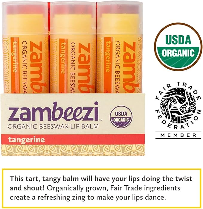 ZAMBEEZI Organic, Fair Trade Beeswax Lip Balm - Tangerine 3 Pack - Ethically Sourced