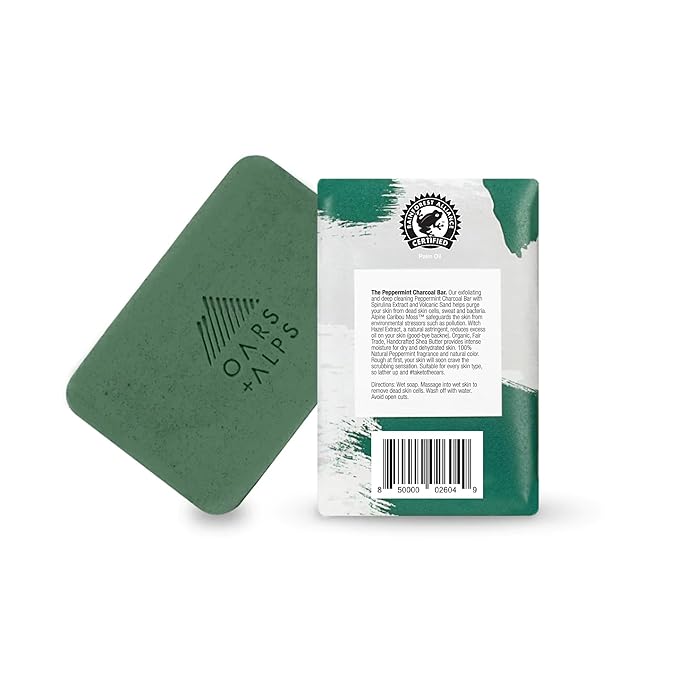 Oars + Alps Peppermint Charcoal Exfoliating Bar Soap for Men, Deep Cleaning & Exfoliating Soap, Made with Clean Ingredients, All Skin Types, Cruelty Free, Paraben Free, Travel Size, 1pk, 6oz