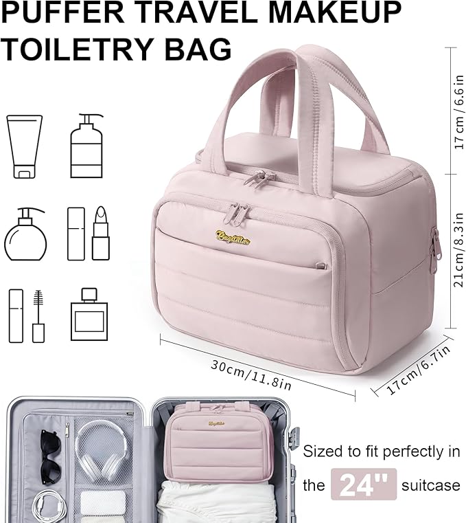 Bagstellar Travel Toiletry Bag, Lightweight Wide-open Large Puffy Toiletry Bag for Women, Quilted Makeup Bag Organizer Water-resistant Cosmetic Bag with Handle for Toiletries, Essentials, Accessories