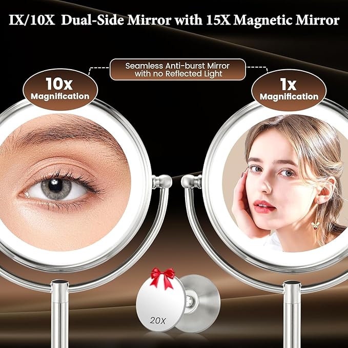 VESAUR 2026 Upgraded 9" Lighted Makeup Mirror, 5000mAh Rechargeable 1X/10X/20X HD Magnifying Mirror with 3 Lights Colors, Brightness Adjustable, 360° Rotation Seamless Vanity Mirror, Nickel, Gift Box