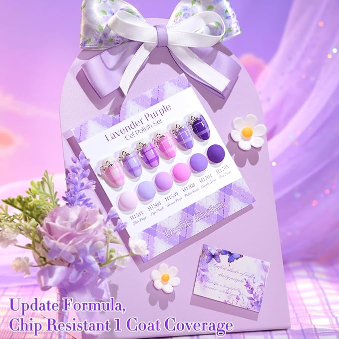 Double Rhythm 6 Pcs Hema Free Gel Polish Set 0.50 OZ Same Color Same Bottle Soak Off Neutral Natural Milky Gel Polish Kit Nail Art Salon DIY at Home (Lilac Violet Pink Purple-H6-6)