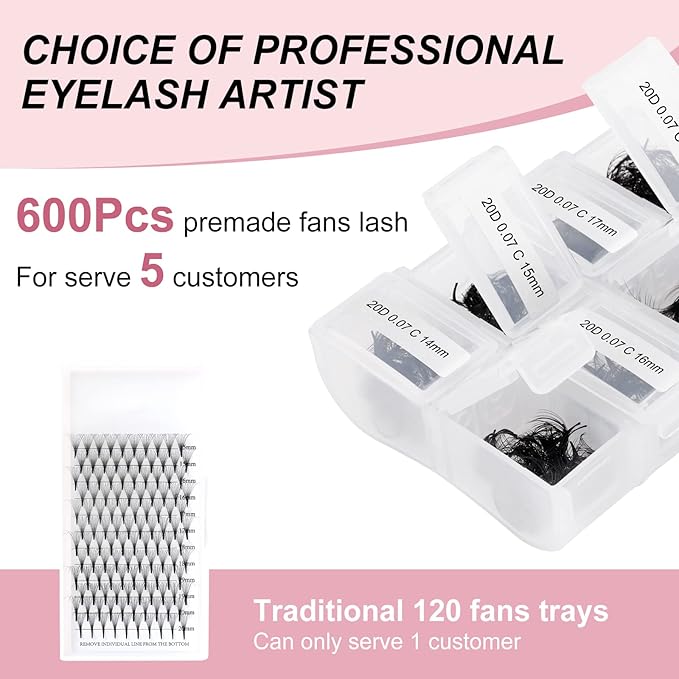 Volume Lash Extensions FADLASH 600pcs 20D Premade Fans Eyelash Extensions C Curl Pointy Base Pre Made Fans Lash Extension Mixed Tray Eyelash Extension Premade Fans (20D-0.07C-14-20mm)