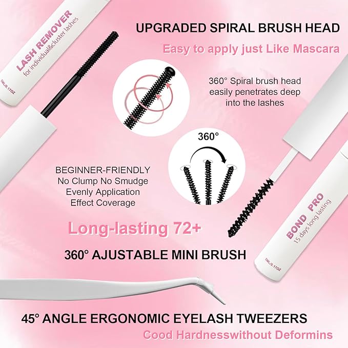 Lash Extension Kit DIY Lash Clusters 10-16mm 96pcs Individual Lashes Clusters Soft Thin Band Natural Volume Eyelash Extension with Lash Bond and Remover, Lash Tweezers for Self Use 41#