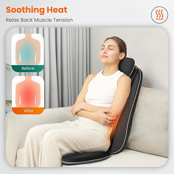 Snailax Shiatsu Back Massager with Heat, Upgraded Electric Deep Tissue Kneading Full Body Massage Chair for Back Pain, Home, Office Use, Gifts for Men, Women