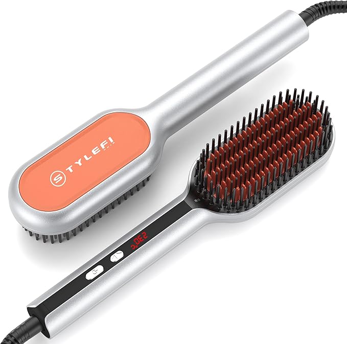 Upgraded Ionic Hair Straightener Brush for Women, Compact Wave-Design Bristles Hot Comb, Fast & Smooth Styling, Lightweight Double Voltage 120-240V Flat Iron Brush for Travel, Orange-Silver
