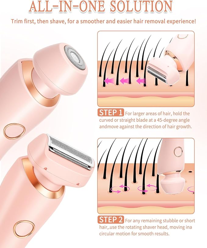 Bikini Trimmer for Women Electric Razors for Women, Double Head Dual Purpose, Waterproof Hair Razor, Ceramic Blade Hair Trimmer Wet & Dry Use, Painless Electric Shaver for Facial and Body (Pink)