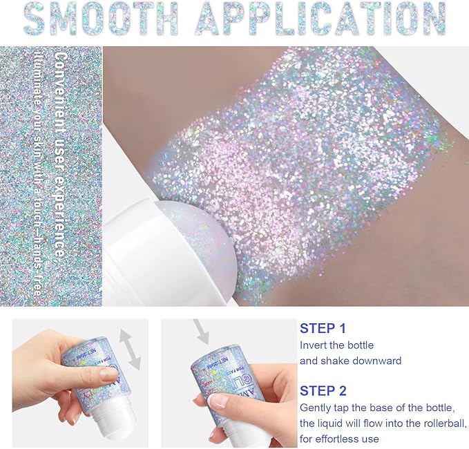 Roll-on Holographic Body Glitter Gel for Face and Hair, Chameleon Color Changing Glitter Gel Under Light, Chunky Mermaid Sequins Shimmer Makeup for Halloween Party Rave Accessories (Glint-Rainbow)