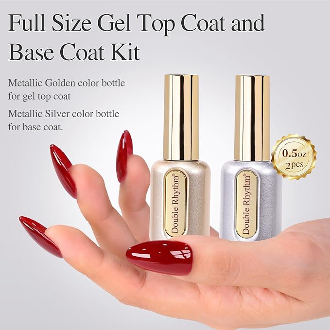 Double Rhythm 0.5Oz No Wipe Clear Gel Top Coat Base Coat Hema and Tpo Free 2 Pcs 15ML Gel Polish Soak Off Manicure DIY Home Salon (Top Coat Base Coat)