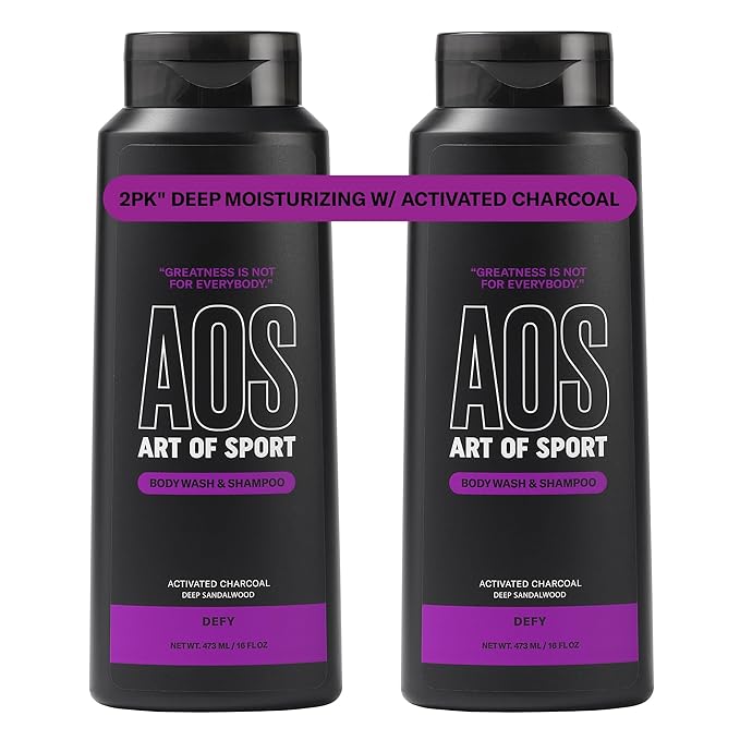 Art of Sport Men’s 2-in-1 Body Wash and Shampoo with Charcoal Activated, Sandalwood Fragrance, Made for Athletes, Defy Scent, 16 fl oz (Pack of 2)