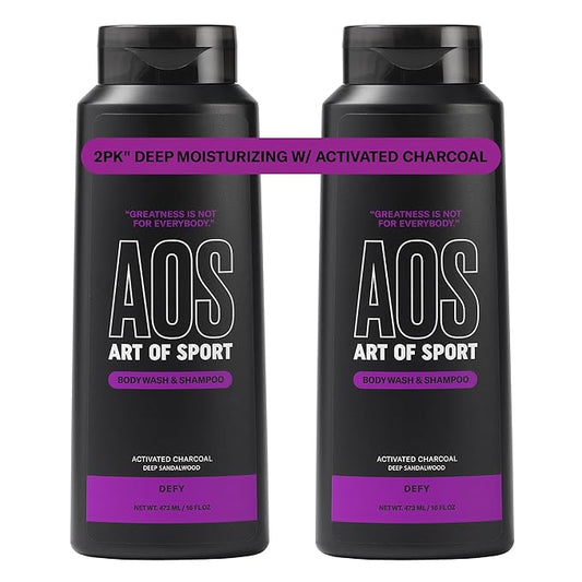 Art of Sport Men’s 2-in-1 Body Wash and Shampoo with Charcoal Activated, Sandalwood Fragrance, Made for Athletes, Defy Scent, 16 fl oz (Pack of 2)