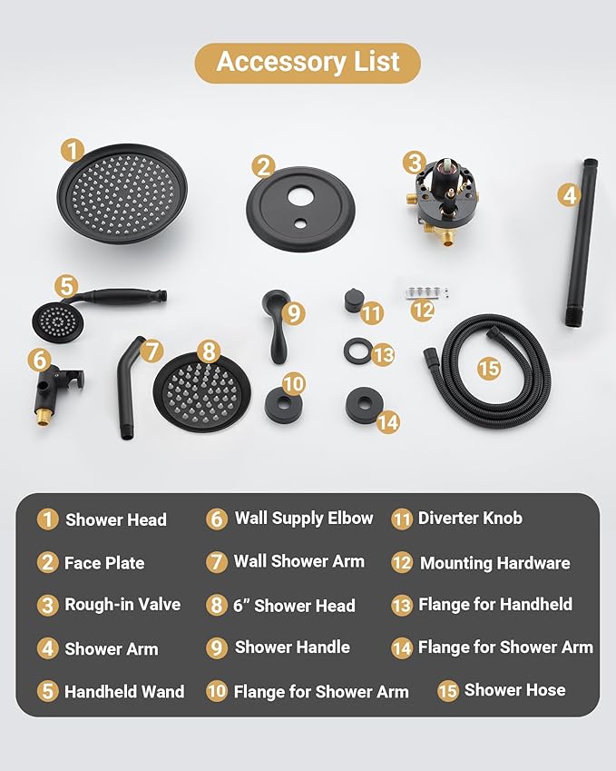 Dasan Antique Dual Rainfall Shower System, Matte Black, Complete Shower Fixture Combo, 9'' & 6'' Dual Rainfall Overhead Shower with Handheld, Valve & Trim Kit, AT3096C-MB