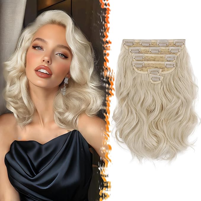 BARSDAR 12 Inch Wavy Platinum Blonde Clip in Hair Extensions - 6PCs Short Wavy Platinum Blonde Clip in Hair Extensions for Women - Full Head Thick Soft Synthetic Hairpieces Daily Party