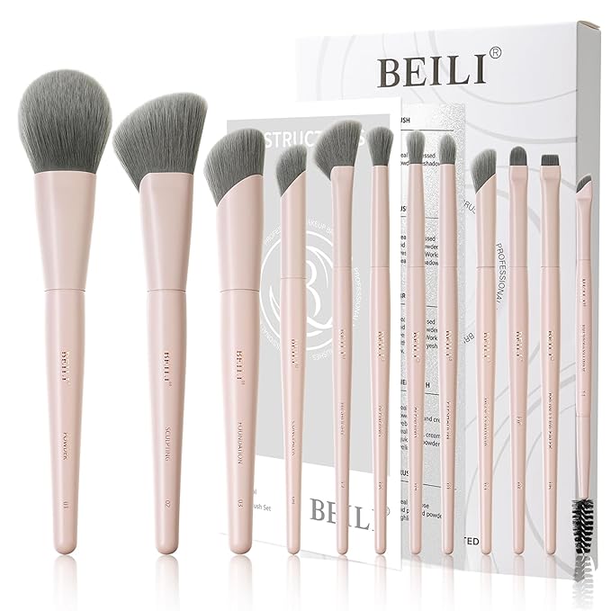BEILI 12-Piece Pink Makeup Brush Set, Professional Synthetic Brushes for Face & Eye Makeup, Powder, Concealer, Blending, Contour, Eyeliner, Elegant Gift-Ready Set