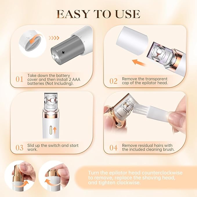 Epilator for Women, 2-in-1 Facial Hair Removal Epilator, Painless Designed Hair Remover with Built-in LED Light for Precision, Smooth Glide Hair Remover for Women Face Lips Chin Peach Fuzz