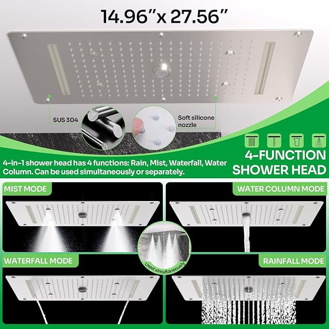 HOMEDEC Couples Luxury Shower System, 15x28" Rain 4-Function and 6" Side Shower Heads, 5-Way Diverter Valves Shower Faucet Set, Brushed Nickel