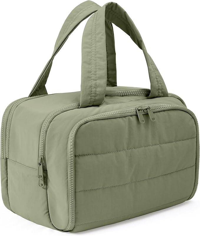 BUZFOWU Travel Toiletry Bag for Women, Large Wide-open Puffy Cosmetic Makeup Bag with Wet-Dry Separation, Multi-Pocket Organizer with Carry Handle for Toiletries, Cosmetics, Essentials, Green