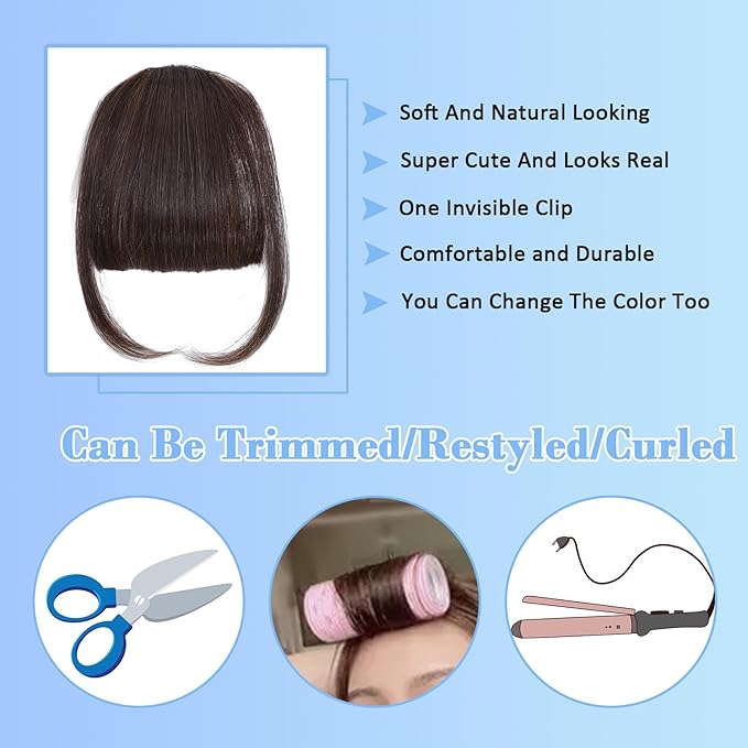 Clip on Wispy Bangs-Real Human Hair Clip in Bangs Hairpieces Brown Black Fake Air Bangs Fringe with Temples Bangs Hair Clip Extensions
