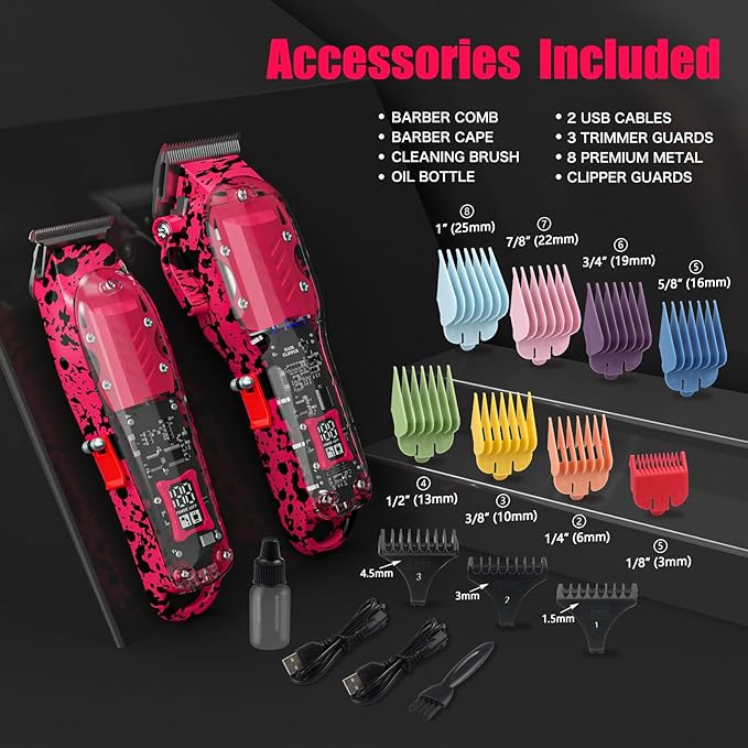 Professional Hair Clippers for Men, Cordless Barber kit for Hair Cutting & Grooming, Hair Clippers and Trimmer Set for Barber Haircut with LED Display, 8 Fade Taper Combs(Pink Set)