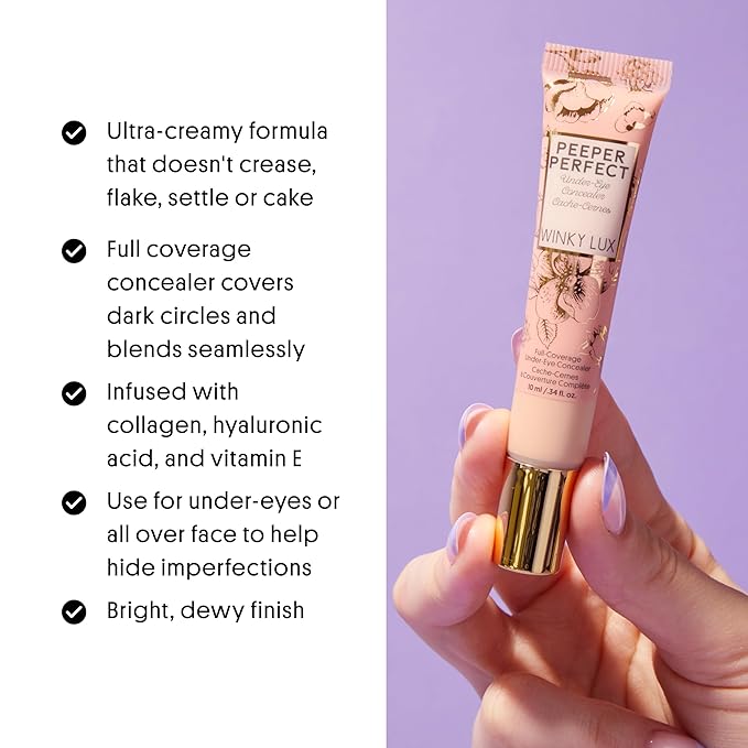 Winky Lux Peeper Perfect Under Eye Concealer, Makeup & Brightener, Full Coverage Concealer for Dark Circles, Color Corrector & Eye Primer, Collagen & Hyaluronic Acid (Deep)