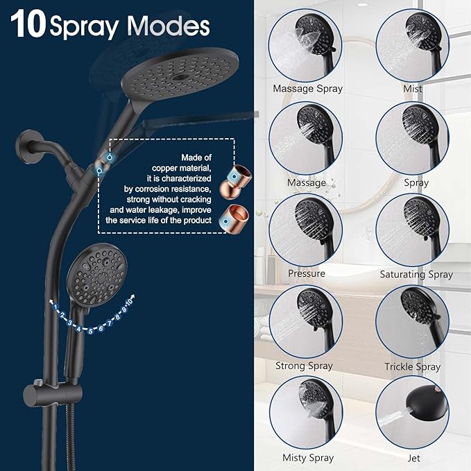 UCLIMAA High Pressure Shower Head with Handheld Shower, 26" Adjustable Height Drill-Free Slide Bar, 3-Way Diverter for Easy Reach, Dual Shower Head Combo Set with 5ft Hose - Matte Black