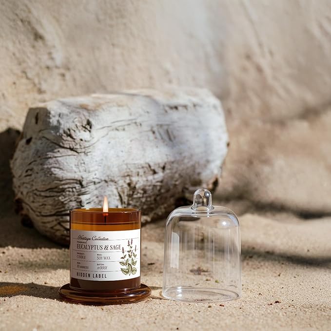 Hidden Label Eucalyptus & Alpine Sage Scented Candle - 10oz Non Toxic Candles for Home Scented with Clear Bell Jar, Natural Soy Wax Aromatherapy Candle for Spa/Yoga/Meditation & Stress Relief Gifts