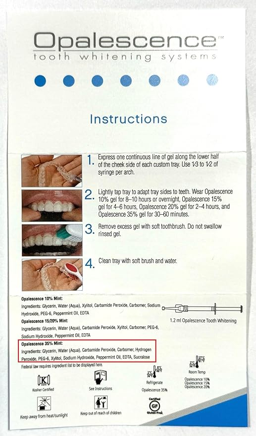 Opalescence 35% CP Mint - Gel Syringes Teeth Whitening - Refill Kit (4 Syringes) Carbamide Peroxide Gel. Made by Ultradent. Tooth Whitening Refill Syringes with Toothbrush. 5197-2tb