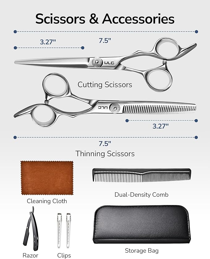 ULG Hair Cutting Scissors Set, 7 Inch 8-Piece Fast Haircut Kit for Easy Home Use with Thinning Scissors, Texturizing Razor, Comb, Clips - Silver Stainless Steel