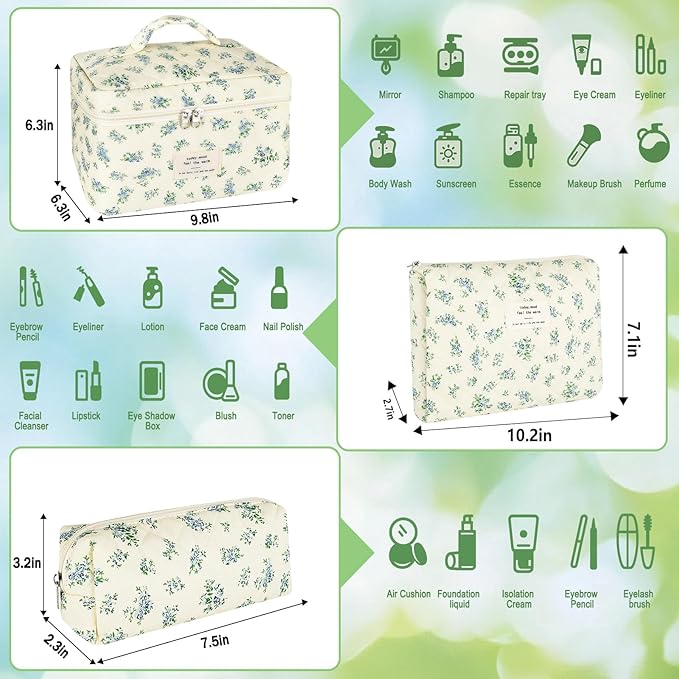 URSKYTOUS 3Pcs Makeup Bag Quilted Cotton Cosmetic Bags for Women Large Small Blue Makeup Pouch Set Cute Coquette Floral Travel Bags Portable Skincare Toiletry Bag Vintage Puffy Essential Organizer