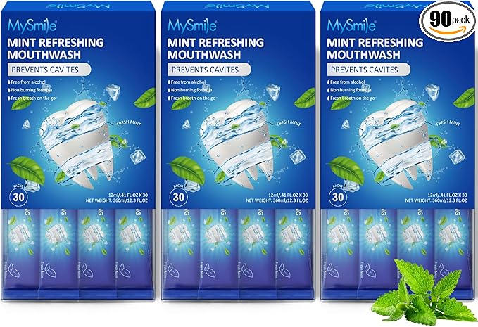 MySmile Mouthwash Alcohol Free, Mouth Wash for Adults, Travel Mouthwash Helps Kill 99% of Bad Breath Germs, Prevents Cavities, Fluoride Free, Fresh Mint