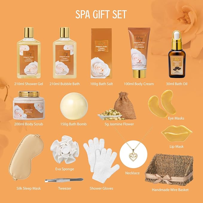Valentines Day Gifts for Women - 17Pcs Vanilla Bath and Body Gift Basket Set for Women Spa Gift Baskets Spa Kit | Gifts for Christmas, Mothers Day, Birthday Gift, Self Skin Care Gift Sets for Her