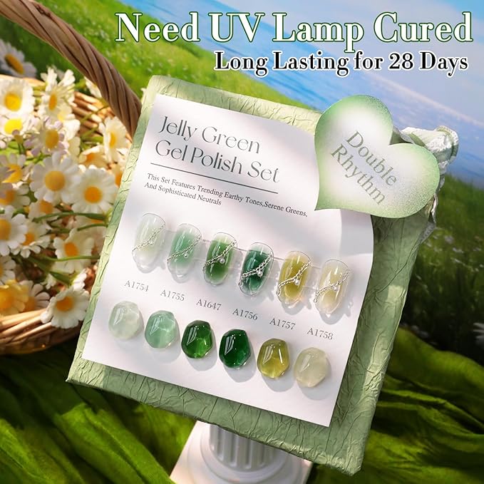 Double Rhythm 6 Pcs 15 ML Gel Polish Set Same Color Same Bottle Soak Off Gel Polish Kit Nail Art Manicure Salon DIY at Home for Women (Jelly Milky Light Green Olive Teal-T6-81)