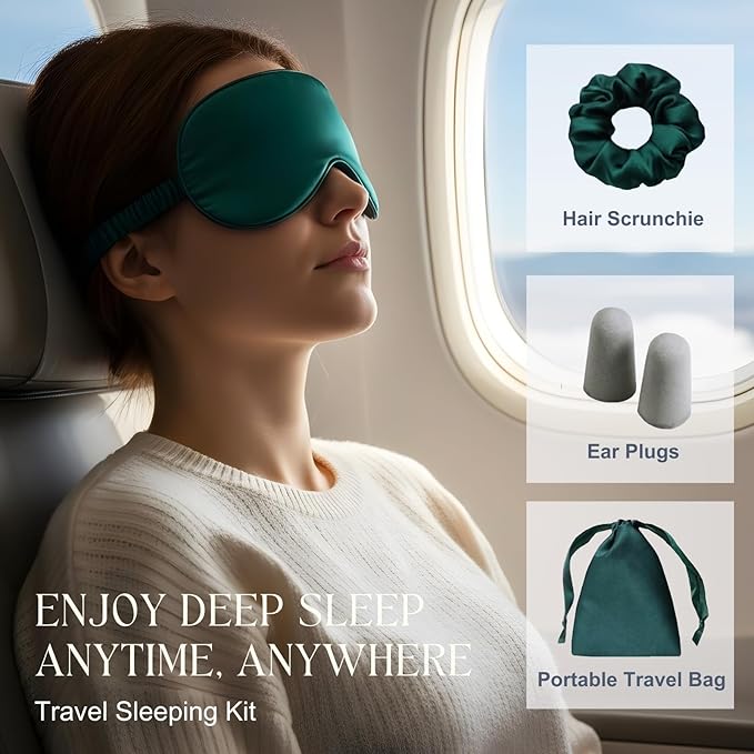 LCBD Silk Satin Sleeping Eye Mask, Dark Green Sleep Eye Mask Night Blindfold for Women and Men, Soft Breathable Blackout Eyeshade Eye Cover for Travel, Wedding Bridesmaid Gift