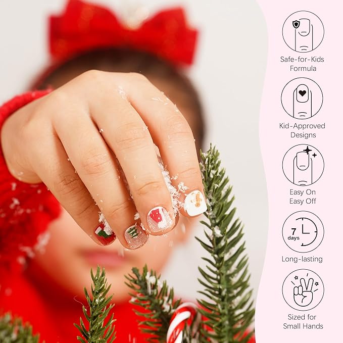 DANNI & TONI Kids Gel Nail Strips Christmas Tree Snowman Snowflake Red Cat Eye Salon-Quality Peel & Stick Manicure for Children (Age 6+)– Safe, Long-Lasting, Easy to Apply | Jingle & Glow