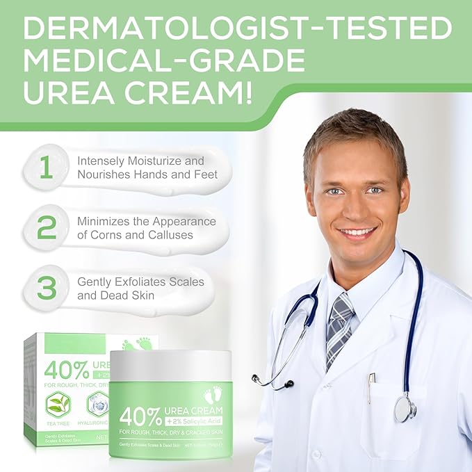 Generic 40 Percent Urea Cream plus 2 Percent Salicylic Acid - for Rough Thick Dry & Cracked Skin - Gently Exfoliates - Feet Hands Elbows - Tea Tree, Aloe Vera - 5.29 Oz(150g), Green
