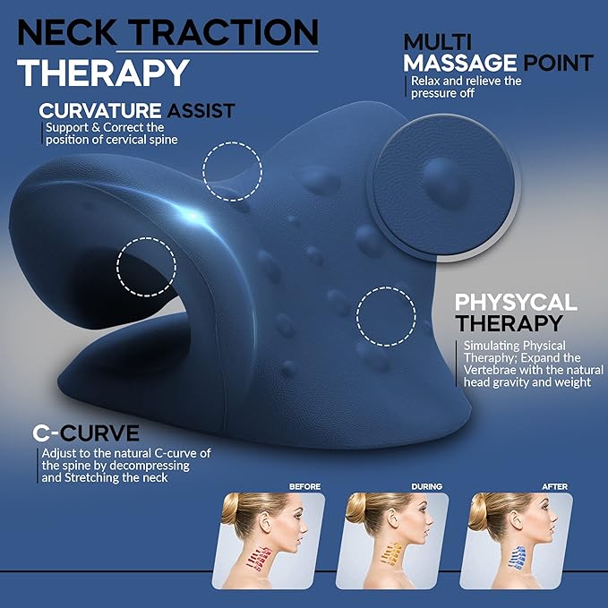 Neck Stretcher & Posture Corrector for Women and Men, Cervical Traction for Spine Alignment, Adjustable Upper Back Brace & Elastic Support for Shoulder Back Pain Relief (Dark Blue)