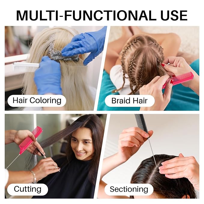 RHOS Carbon Retractable Rat Tail Parting Comb - Portable Fine Tooth Teasing Comb for Styling, Hair Cutting, Braiding with Stainless Steel Pin Tail - White