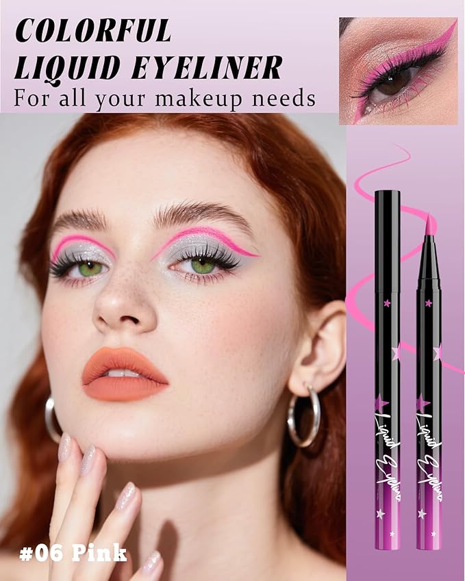 Colored Liquid Eyeliner Pen, Pink Waterproof Waterline Matte Eye Liner Pencil, High Pigmented Long Lasting Quick Drying Bright Colorful Eyeliner Pen for Women, Valentine’s Day Eye Makeup Gifts-06
