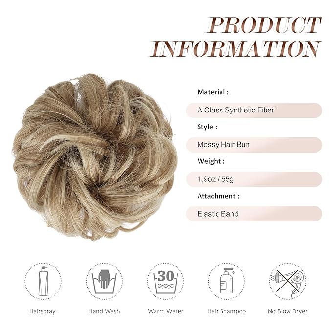 FESHFEN Large Messy Bun Hair Piece - Wavy Synthetic Chignon Scrunchies Elastic Ponytail Hair Extensions Thick Hairpieces for Women, Mixed Blonde and Ash Blonde Tips 1.94oz