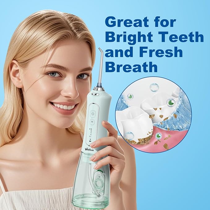 WellLeo Water Flosser for Teeth, 300ML Cordless Oral Irrigator Rechargeable Dental Flosser Picks with 5 Modes 5 Jet Tips,IPX7 Waterproof Teeth Cleaner for Braces Gum Care, Home Travel Use