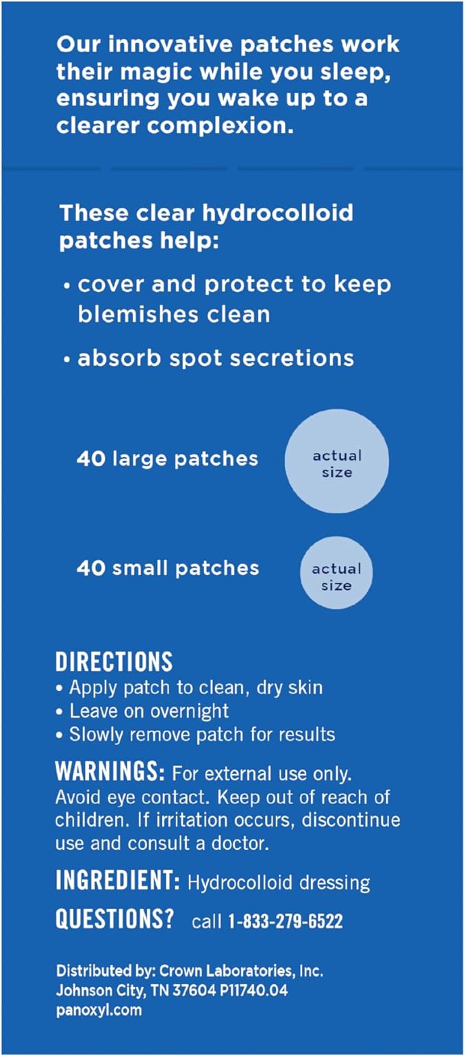 PanOxyl PM Overnight Spot Patches, Clear Hydrocolloid Blemish Dots, Hydrocolloid Patches, Help Manage Blemishes, Helps Avoid Scarring by Preventing Picking, Vegan, Latex-Free, Fragrance-Free, 80ct