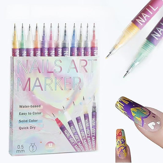 Nail Art Pens 12 Colors Nail Art Pens Set, Nail Art Markers Fine Tip Nail Polish Pens Drawing Painting Pen for Home Salon, Quickly Dry Nail Art Nail Markers DIY Decoration for Women Girls