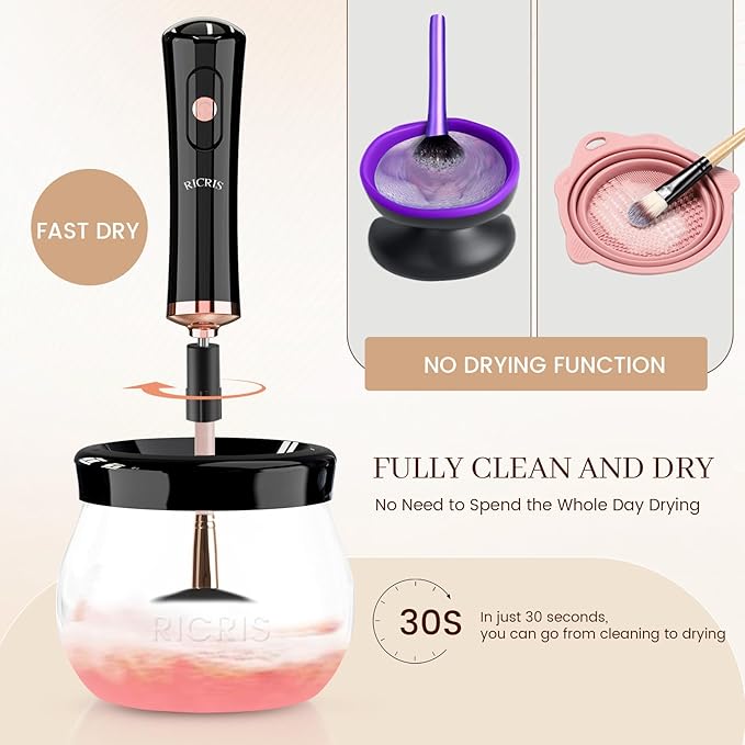 RICRIS Electric Makeup Brush Cleaner and Dryer Machine - Super Fast Clean and Dry Make Up Brushes - Automatic Cosmetic Brush Spinner Washer Tools