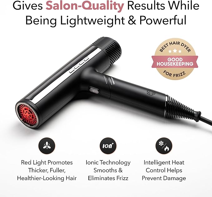 DryQ Smart Hair Dryer from SRILabs | Infrared and Ionic Technology - Lightweight + Foldable - Powerful + Quiet - 3 Magnetic Attachments - Heat Control with Locking Switch - Limited Edition (Magenta)