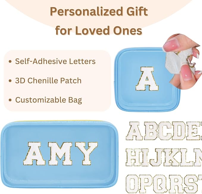 GODEAGLE 2PCS Personalized Preppy Makeup Bag Set, Small Makeup Pouch & Large Cosmetic Bag, Premium 26 Chenille Letters, Cute Skincare Bag, Birthday Gifts for Girls Woman (Blue)