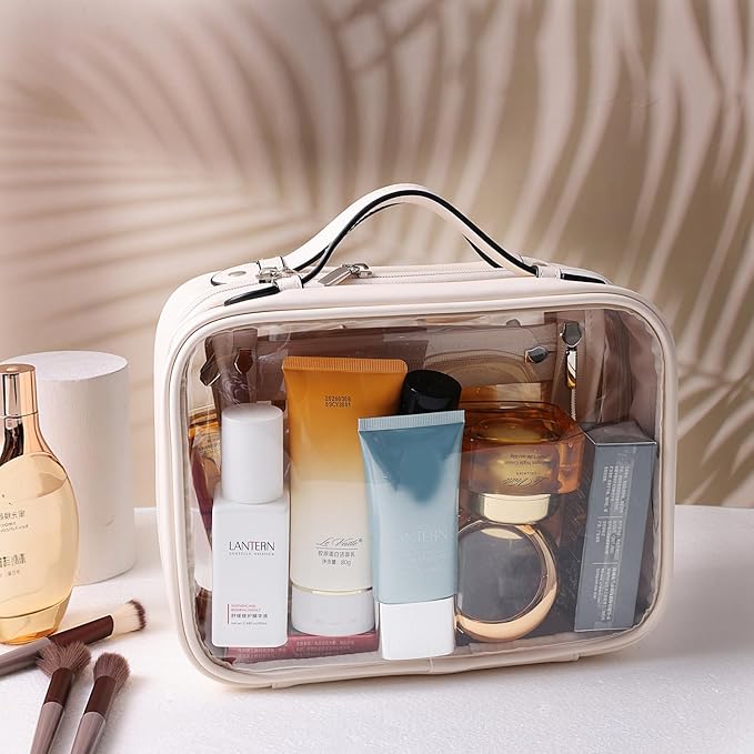 SANHECUN traveling toiletry Case large clear cosmetics case makeup bag Dimensions | LxWxH:10” x 4.5” x 7.5”(Beige, Medium)