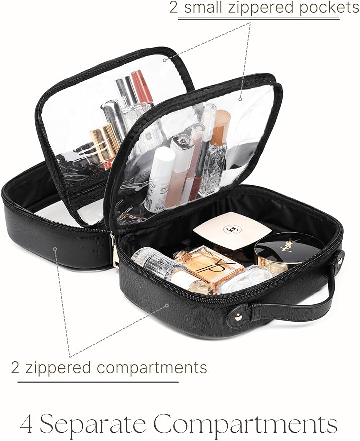 Oaque Clear Cosmetic Bag Double Layer Travel Toiletry Bag Clear Makeup Bag Case with 4 Compartments, Transparent Travel Bag for Toiletries, Large Toiletry Bag for Women Cosmetic Case (Black, Small)