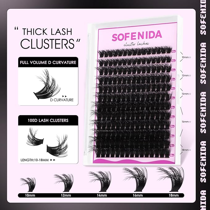 Lash Clusters Kit 100D Thick Cluster Lashes 10-18mm Volume Eyelash Clusters D Curvature Cluster Eyelash Extensions 3D Wispy Lash Clusters DIY Lash Extension Kit(100D-10-18MIX Thick Kit)